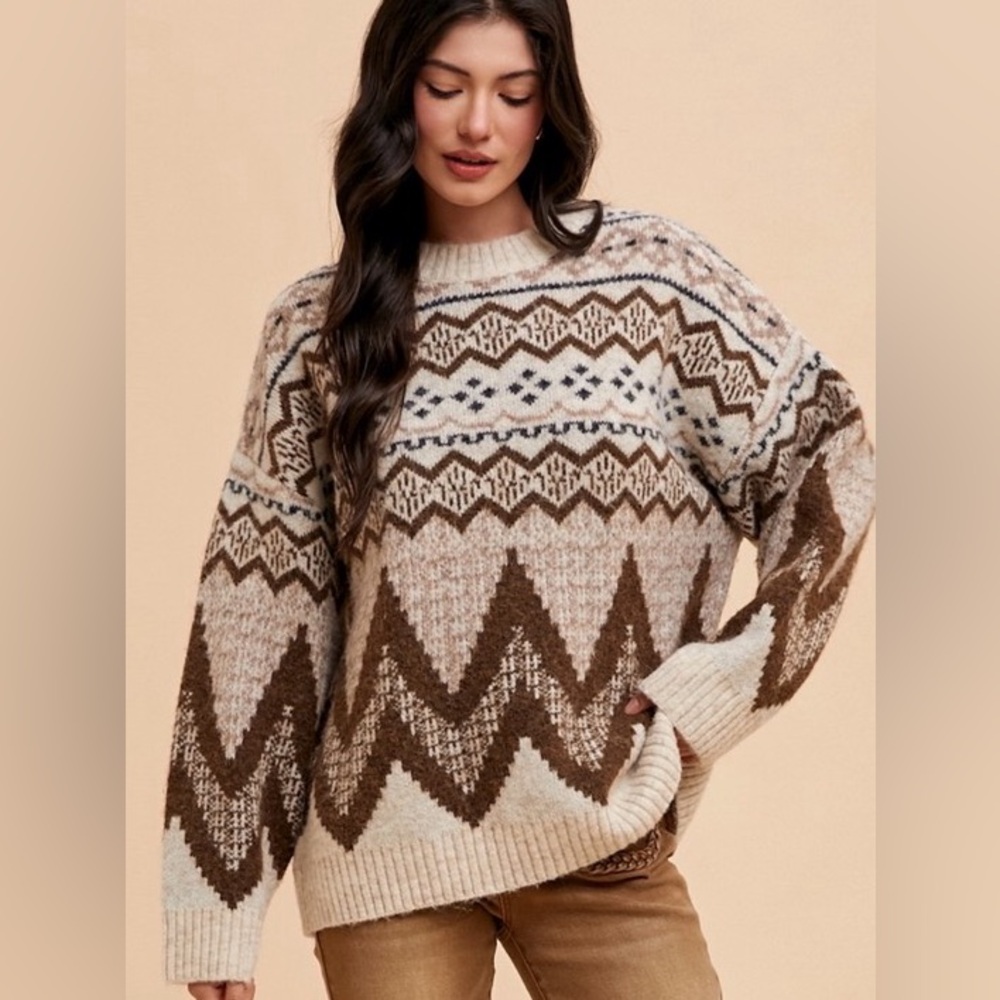 Beige brown argyle Aztec tribal print oversized boho bohemian print sweater top - Picture 3 of 6